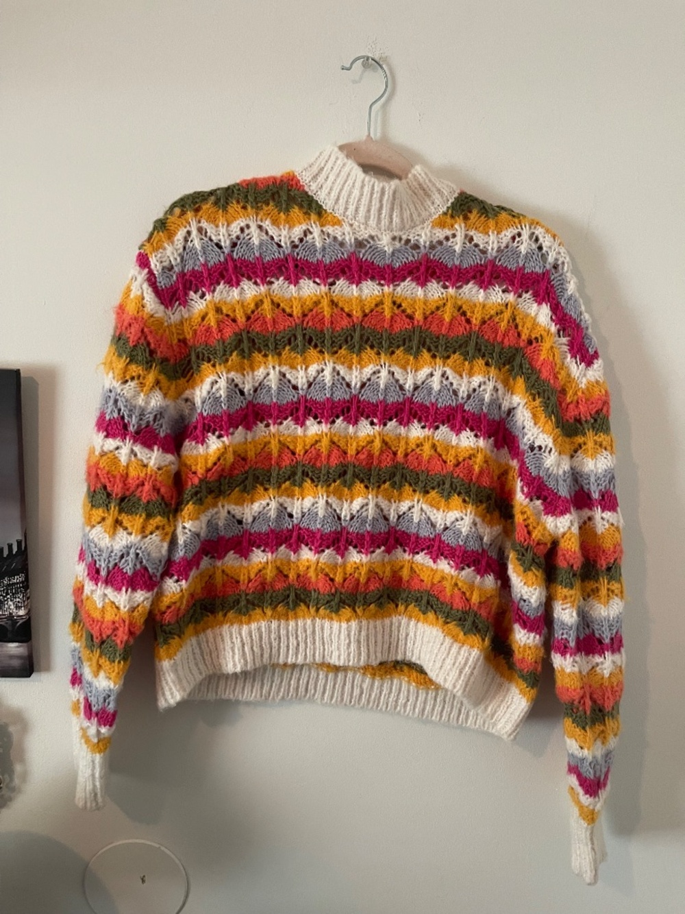 THML Women’s Colorful Cropped Crochet Sweater M Boho Hippie Autumn Cottagecore - Picture 2 of 11